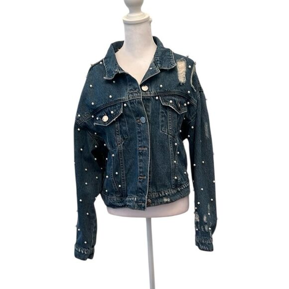 City Chic size S/16 Pearl Embellished Distressed Denim Jacket EUC - Picture 1 of 14